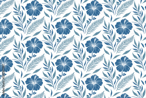 floral line pattern with blue sketch, seamless cotton design for textiles, fabric repeat print for fashion and home use