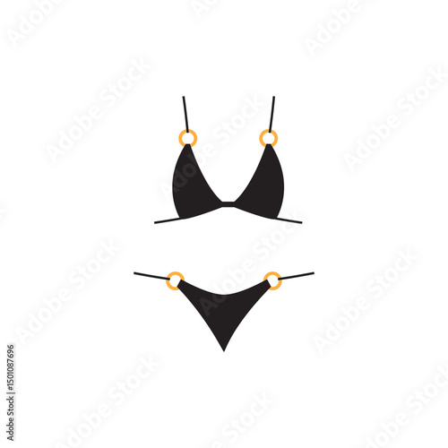 Stylish woman bikini swimsuit. Fashionable female swimwear, colorful flat bikini top and panties with ties for summer vacation. Vector illustration.
