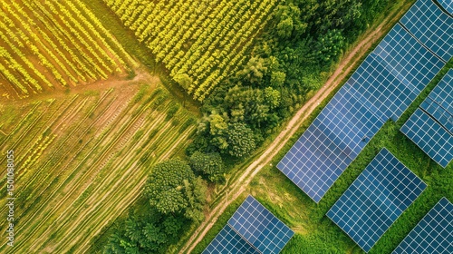 Aerial view of solar panels next to farmland and trees showcasing sustainable energy and agriculture