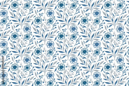 continuous blue line floral pattern, minimalist cotton flower seamless design, textile print for wall art, packaging and aprons

