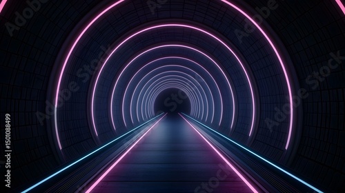 Fototapeta Naklejka Na Ścianę i Meble -  A dark, cylindrical tunnel with a textured surface is illuminated by concentric neon pink and light blue rings, creating a futuristic and vibrant atmosphere.