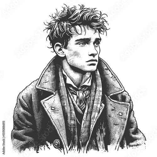 scruffy young man in layered clothing, evoking themes of hardship, poverty, and resilience sketch engraving generative ai vector illustration. Scratch board imitation. Black and white image.