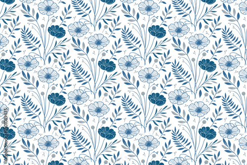 blue line art floral textile pattern, seamless cotton flower sketch, repeat design for home decor, tabletop and fashion items

