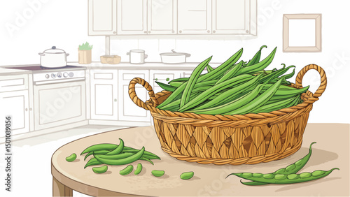 Green Beans in Wicker Basket Kitchen Vector Illustration