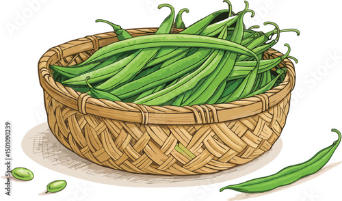 Green Beans in Wicker Basket White Background Vector Illustration
