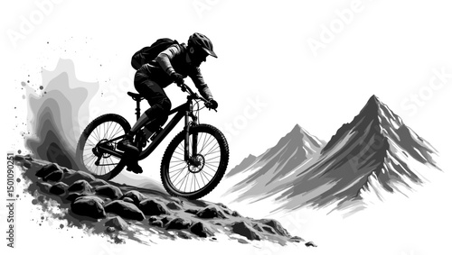Black and white drawing of mountain biker riding rocky terrain with peaks in the background. Ideal for sport and exploration themes
