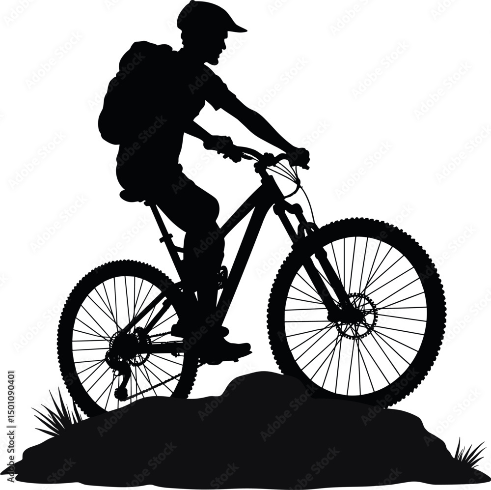 Obraz premium Black silhouette of mountain biker on top of a rock. Great for sports, nature, or exploration themes