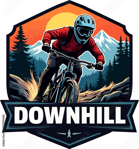Powerful front-facing biker with forest and sunset backdrop, under “DOWNHILL” banner. Ideal for poster or logo design