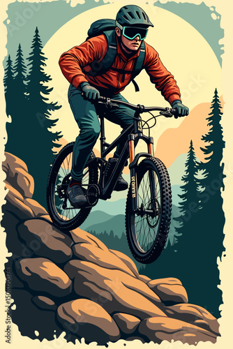 Mountain biker descending a rocky path surrounded by pine forest at dusk. Ideal for sport, challenge, and mountain biking themes