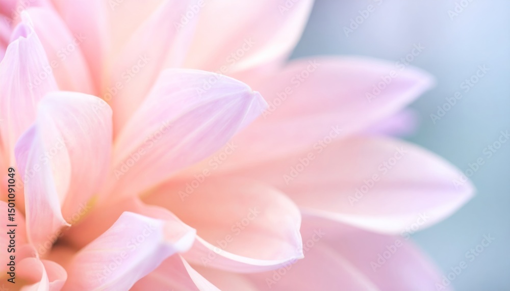 Fototapeta premium Soft, close-up of a dahlia's petals, in pastel pink and peach hues, with a gentle, blurred background