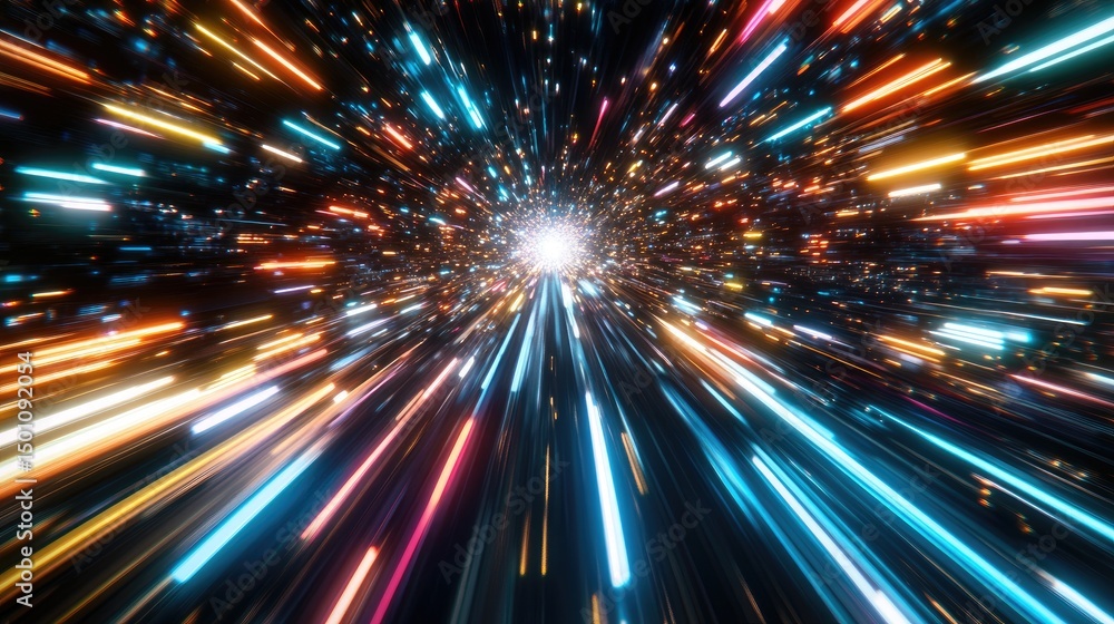 Fototapeta premium Vibrant light streaks converge in a dynamic, hypnotic tunnel effect
