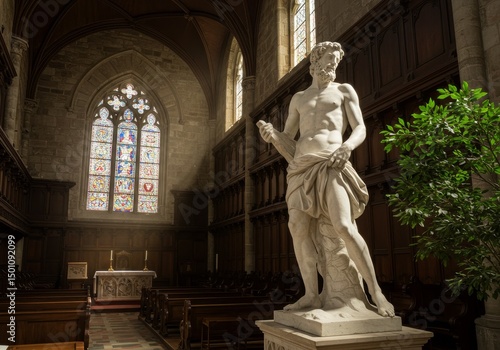 Photo of a Classical Statue Inside a Church with Stained Glass and Sunlight