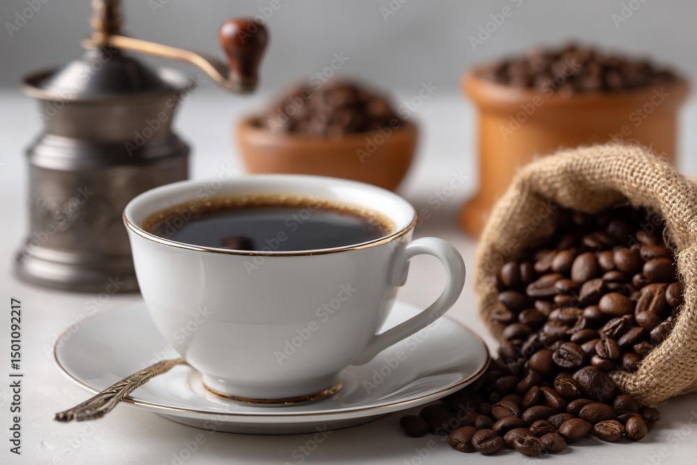 Fototapeta premium Coffees Essence Fresh beans cup grinder