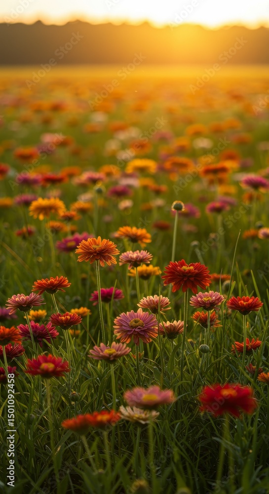 Photo of a Colorful Field of Flowers Blooming at Sunset with Golden Light Photo of a Colorful Field of Flowers Blooming at Sunset with Golden Light