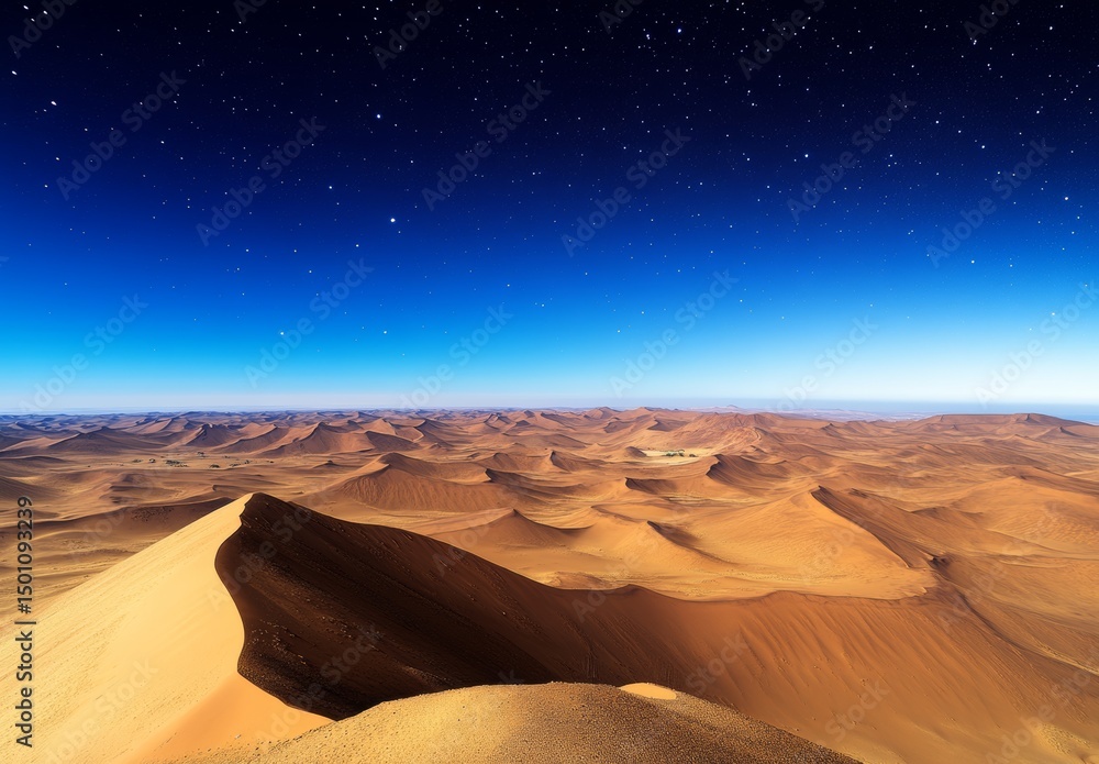 Naklejka premium A beautiful and peaceful desert scene with rolling sand dunes, a starry night sky, and a sense of solitude, perfect for a calm and minimal exploration