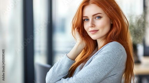 Portrait of a Confident Young Woman with Red Hair and Blue Eyes in an Indoor Setting. Free Download Portrait of a Confident Young Woman with Red Hair and Blue Eyes in an Indoor Setting. - GFXLoad