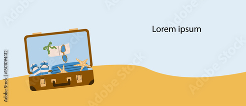 Summer vacation stickers concept with suitcase, sunglasses, and camera.