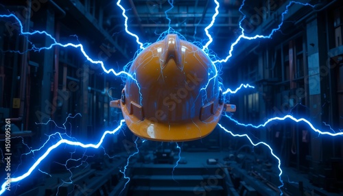 Electric construction helmet surrounded by blue energy arcs in industrial dark room