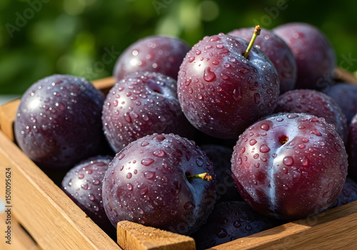 Fresh purple plums with morning dew in a rustic wooden box – ideal for organic food marketing, seasonal produce promotions, and natural lifestyle blogs