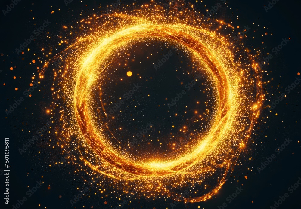 A beautiful space with a big background of abstract golden particles and glittering dust is filled with a black shining galaxy that has a futuristic gold flare A beautiful space with a big background of abstract golden particles and glittering dust is filled with a black shining galaxy that has a futuristic gold flare