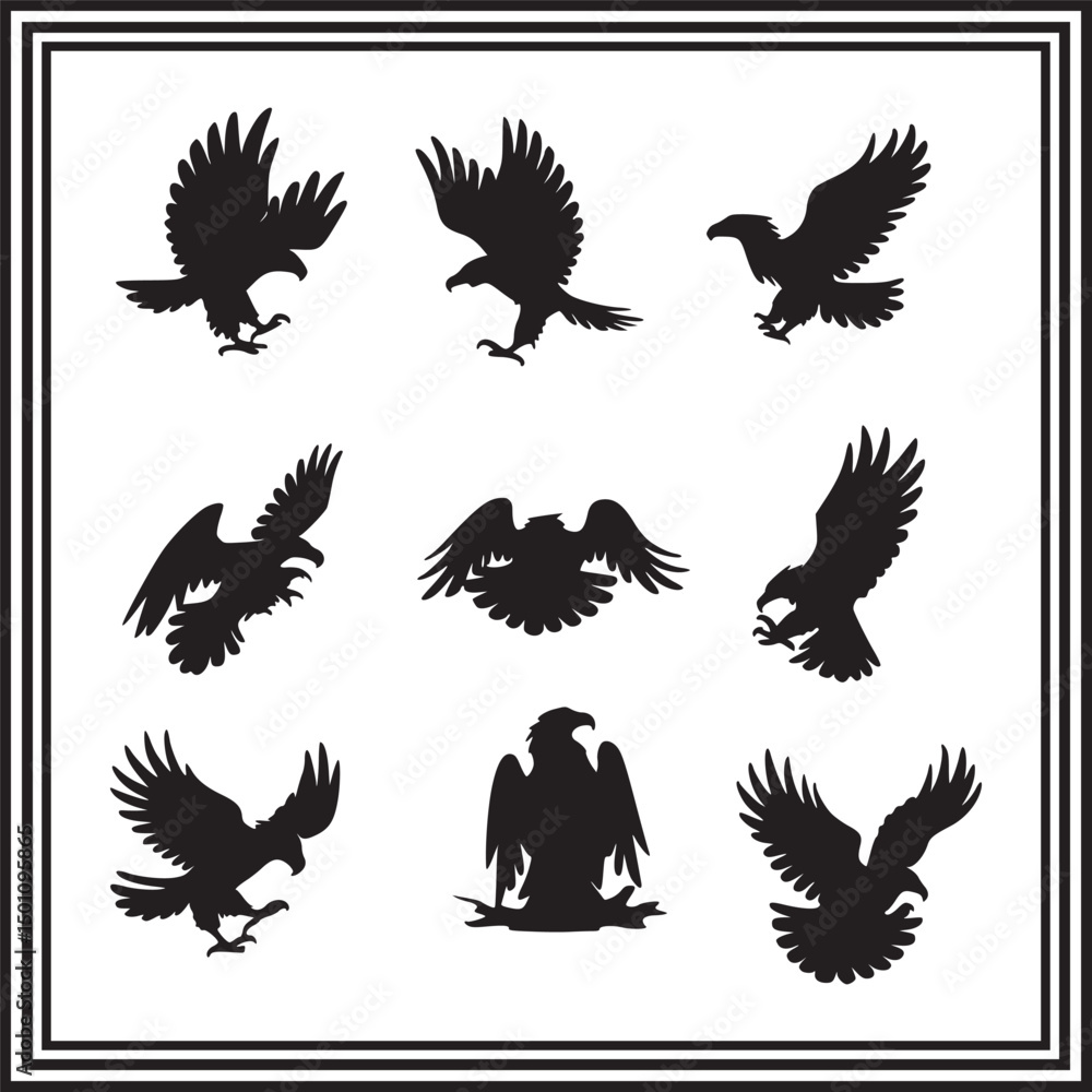 Fototapeta premium Eagle Silhouettes Icon Set – Majestic Bird of Prey Vector Collection, Soaring and Hunting Poses in Black