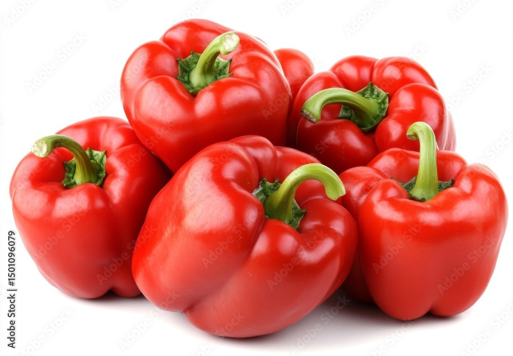 Fresh red bell peppers are set against a white background, highlighting the connection between organic food, healthy eating, and biological farming practices that promote vegetarianism Fresh red bell peppers are set against a white background, highlighting the connection between organic food, healthy eating, and biological farming practices that promote vegetarianism