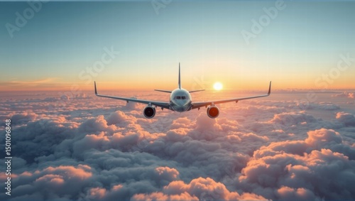 An airplane flies above a sea of clouds during sunset, with the sun visible on the horizon. The sky is a gradient of blue and orange hues. Generative, AI,
