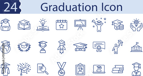 Set of 24 Editable stroke outline icons related to graduation hat, education, teacher's day, graduation day, student's day, education day Linear icon collection. 