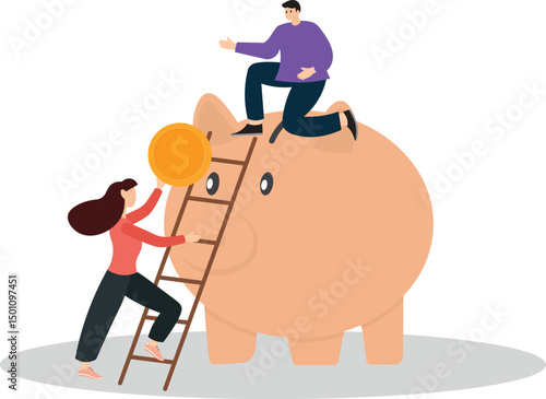 couple saving money, man and woman putting peg bank financial illustration.