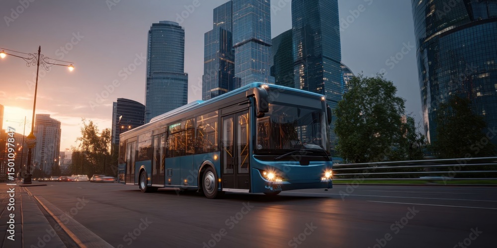 Obraz premium Blue Bus Transportation in Urban City at Sunrise