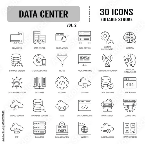 Data center icon collection set. Containing cloud computing, security, hosting, computer, internet, server, information technology icon. Vector illustration
