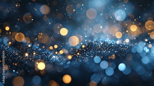 Golden light shine particles bokeh on navy blue background. Holiday. Abstract background with Dark blue and gold particle, shine, bright, sparkle, magical, glittering, texture, effect, space