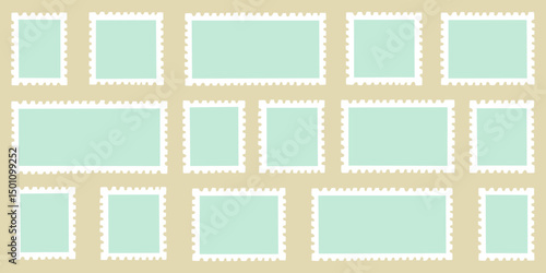 Stamp post postcard postage frame set. Postal card border paper collection. Vector graphic illustration