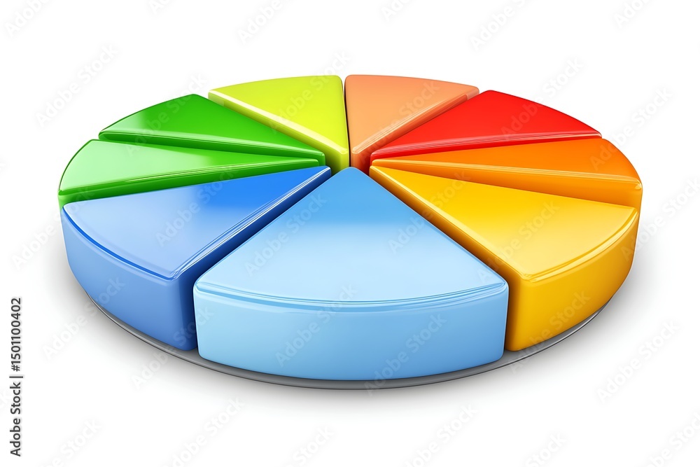 Obraz premium A 3D pie chart divided into eight sections, each colored differently, illustrating data distribution.