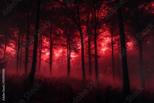 A forest with red trees and a foggy atmosphere
