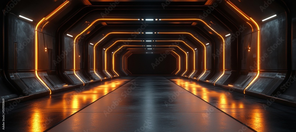 Fototapeta premium A long, dark tunnel with orange lights shining on the walls