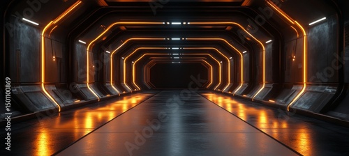 Fototapeta Naklejka Na Ścianę i Meble -  A long, dark tunnel with orange lights shining on the walls