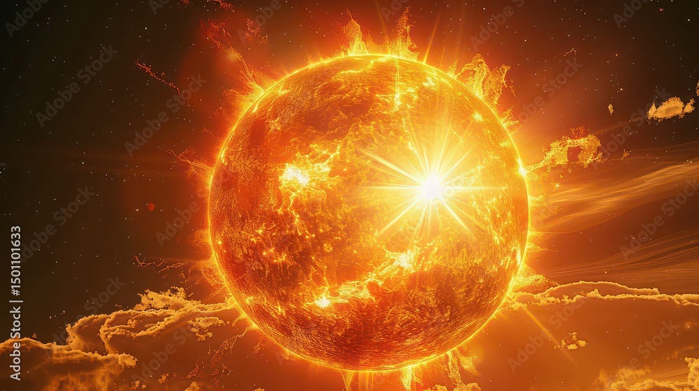 A vibrant depiction of the sun emitting intense light and energy in a cosmic space environment scene A vibrant depiction of the sun emitting intense light and energy in a cosmic space environment scene