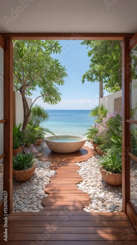Beach resorts oceanfront spa concept. Serene view of a tropical landscape through a wooden doorway, featuring plants and a tranquil water basin.