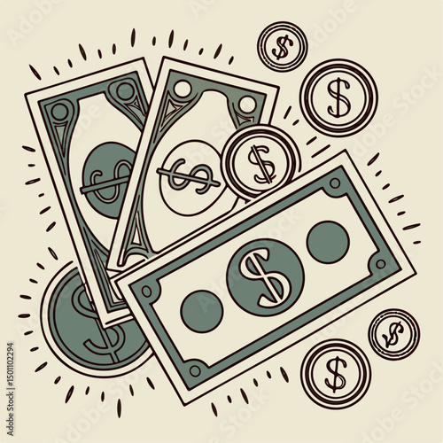 Pop Cash – Halftone Banknote Collage Pack .coins, with vintage dotted texture and doodles. Modern retro mixed media vector illustration