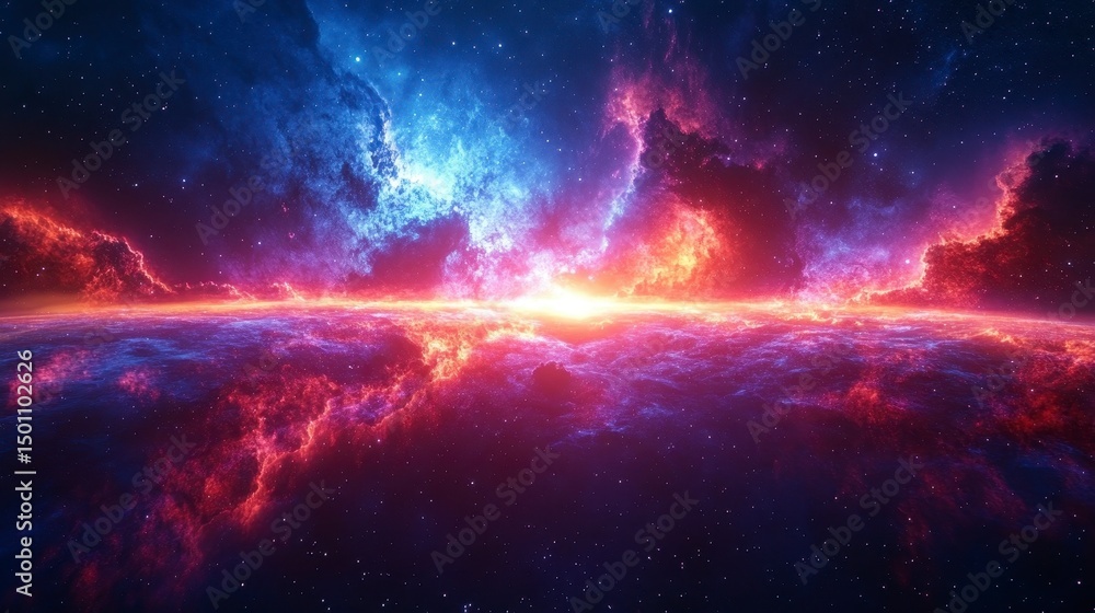 Obraz premium Cosmic expanse A luminous horizon between vibrant nebulae of red and blue amidst starry depths