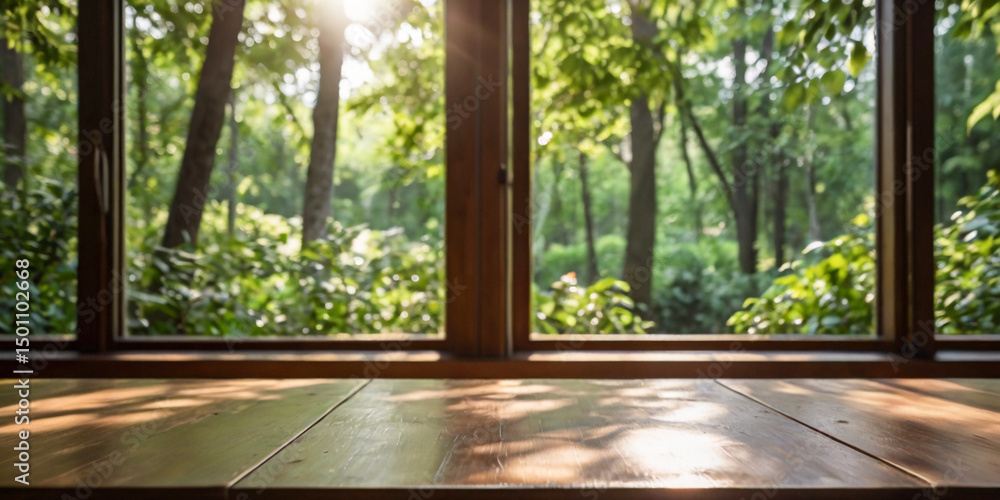 Fototapeta premium Sunny forest view from wooden windowsill table