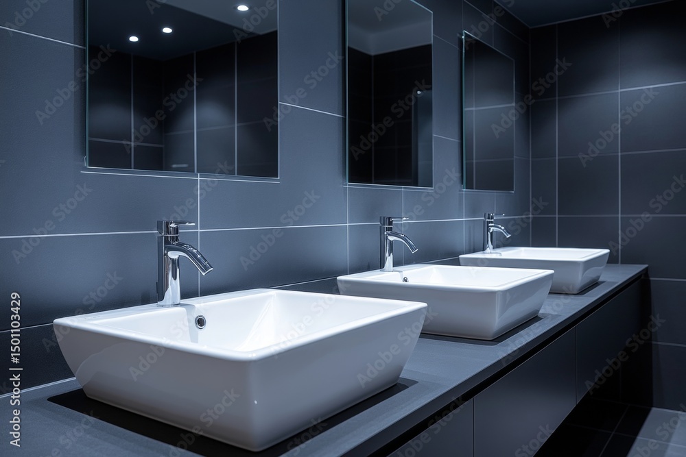 Fototapeta premium A bathroom with three sinks and three mirrors