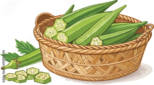 Ladies Finger Okra in Wicker Basket White Background Design