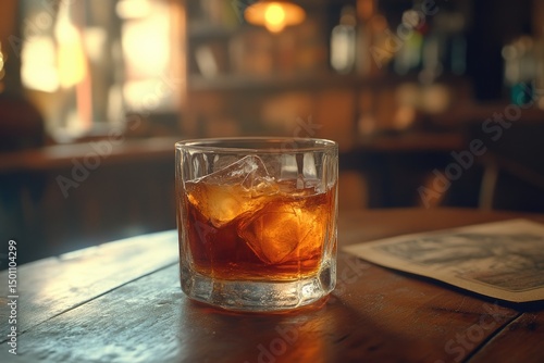 Amber liquor in glass with ice on wooden bar top