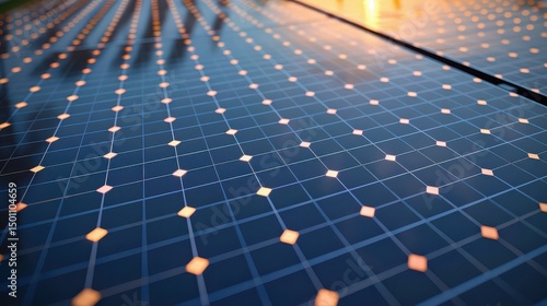 A close up view of a solar panel array showing the grid pattern and individual cells reflecting light