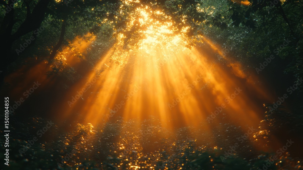 Naklejka premium Sunlight streams through a dense forest canopy