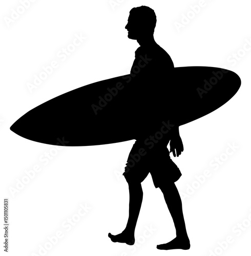Silhouette Surfer Stroll: A silhouetted surfer, surfboard in tow, strides purposefully towards the ocean, capturing the essence of the adventurous lifestyle and the allure of the sea. 