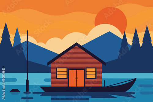a lake cabin with a canoe tied up  fishing rods 