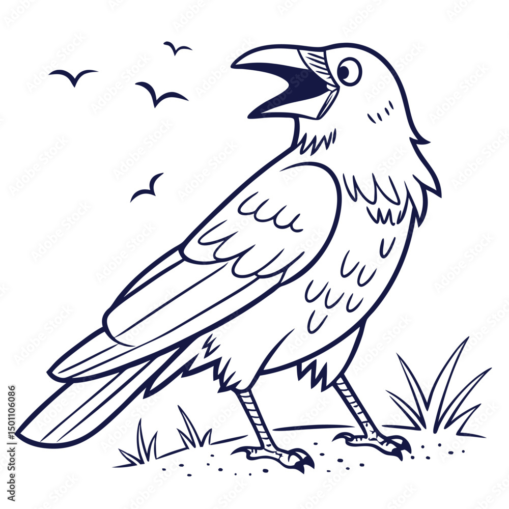 Obraz premium Line art crow with open beak stands amid grass as birds fly above